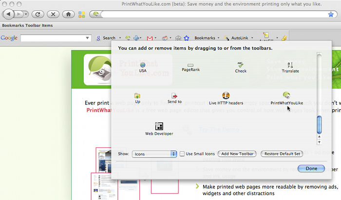 drag PrintWhatYouLike icon to Firefox toolbars